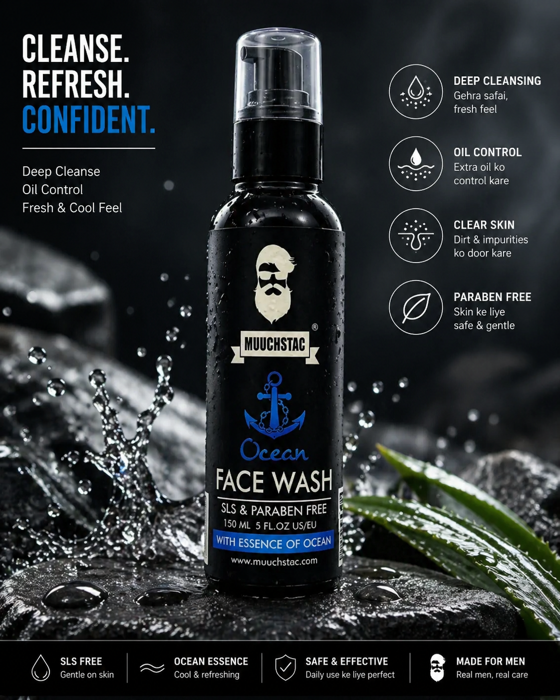 Muuchstac Ocean Face Wash for Men - 150ml | Fight Acne & Pimples